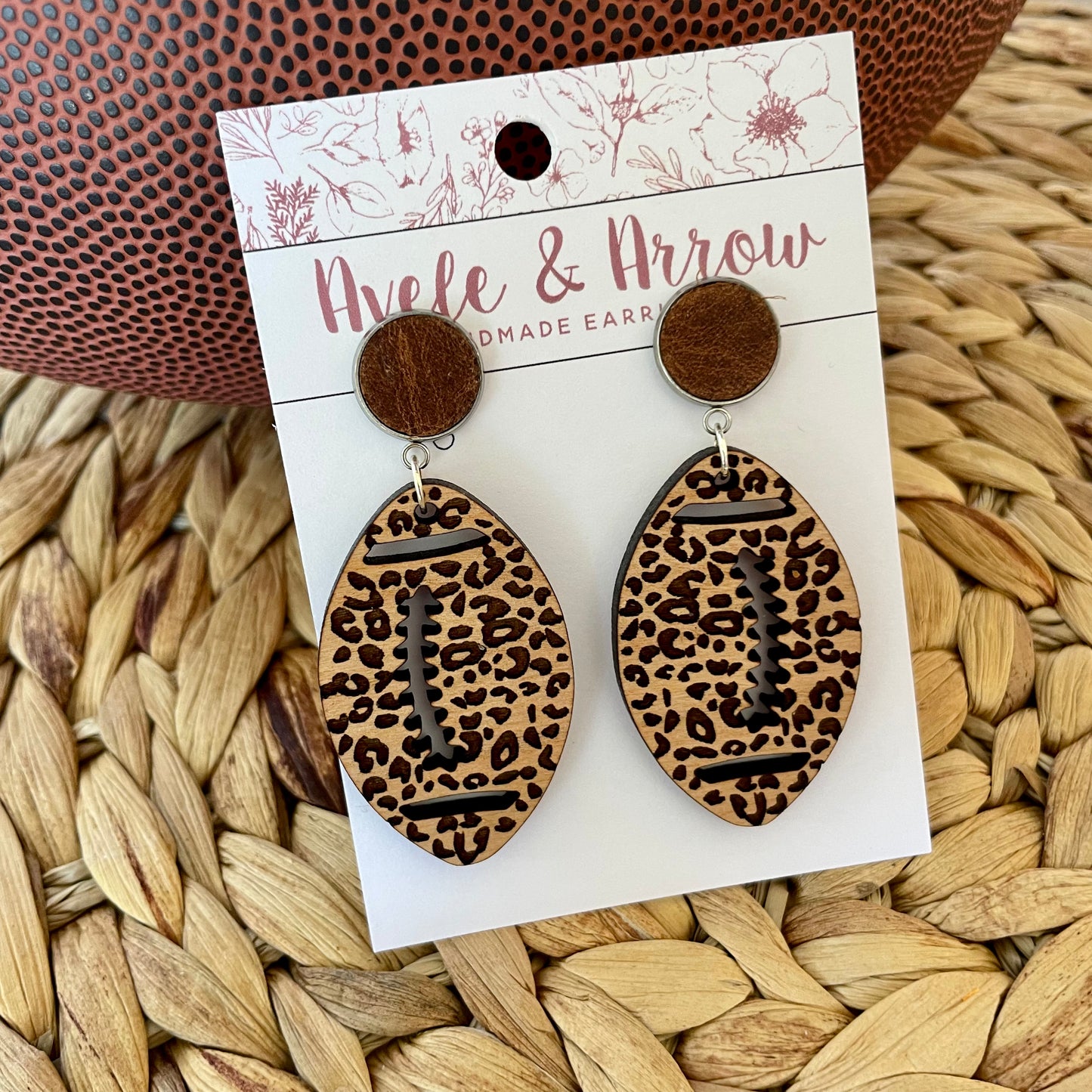 Leopard Football Wood Earrings